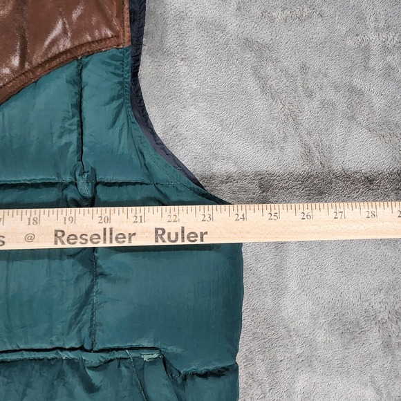 Woolrich Vest Mens Large Green Down Quilted Puffer Leather Yoke Western USA - Picture 6 of 9